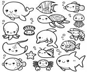Printable animals of the sea kawaii cute coloring pages