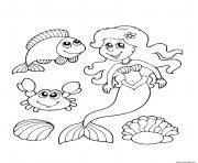 Printable the mermaid and her marine friends fish and crab coloring pages