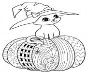Printable witch hat cat on pumpkin coloring pages