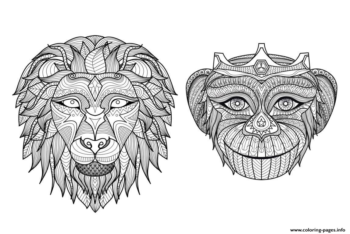 Adult Africa Heads Monkey Lion coloring