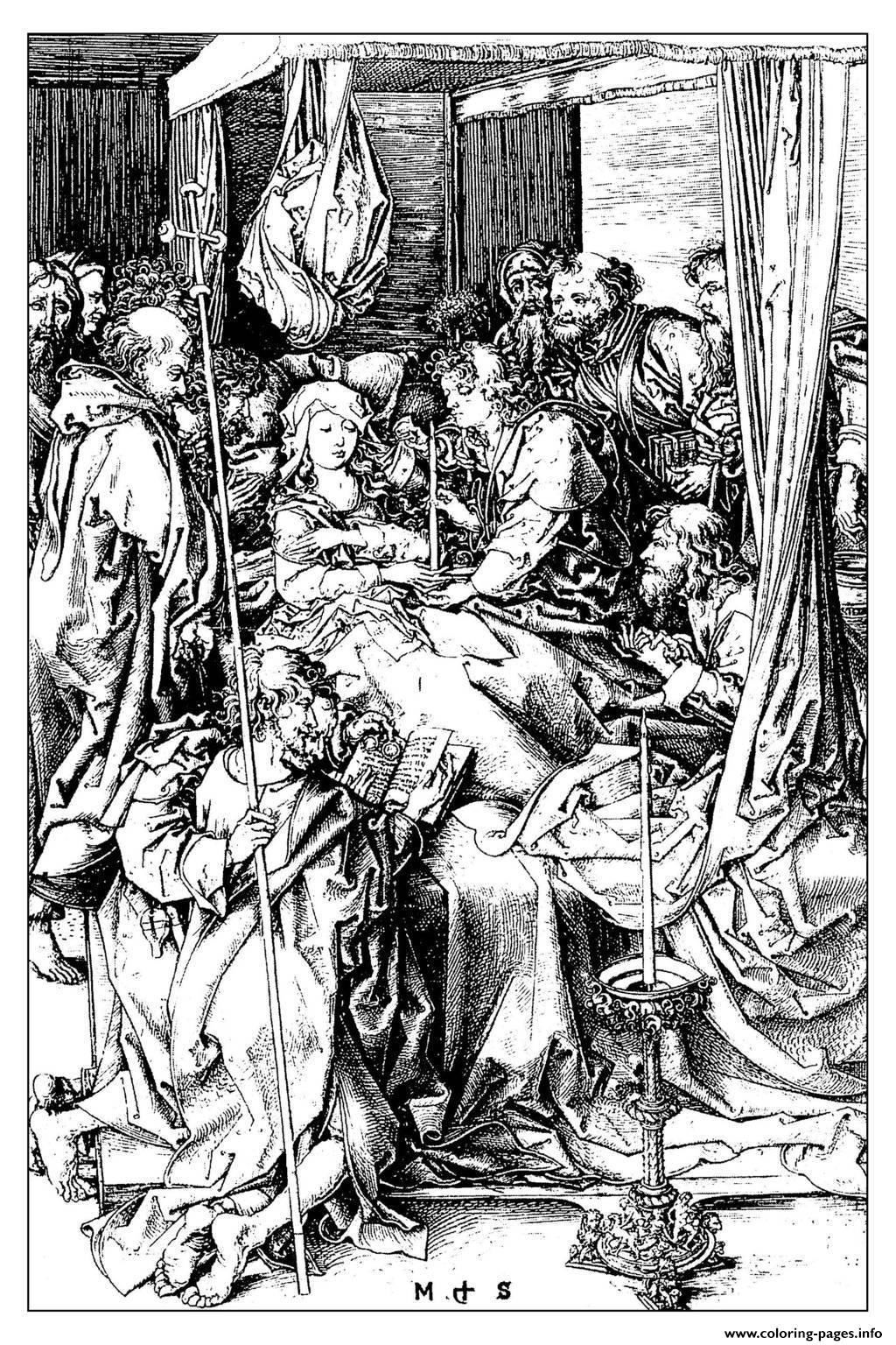 Adult Engraving Martin Schongauer Death Of The Virgin 1470 coloring