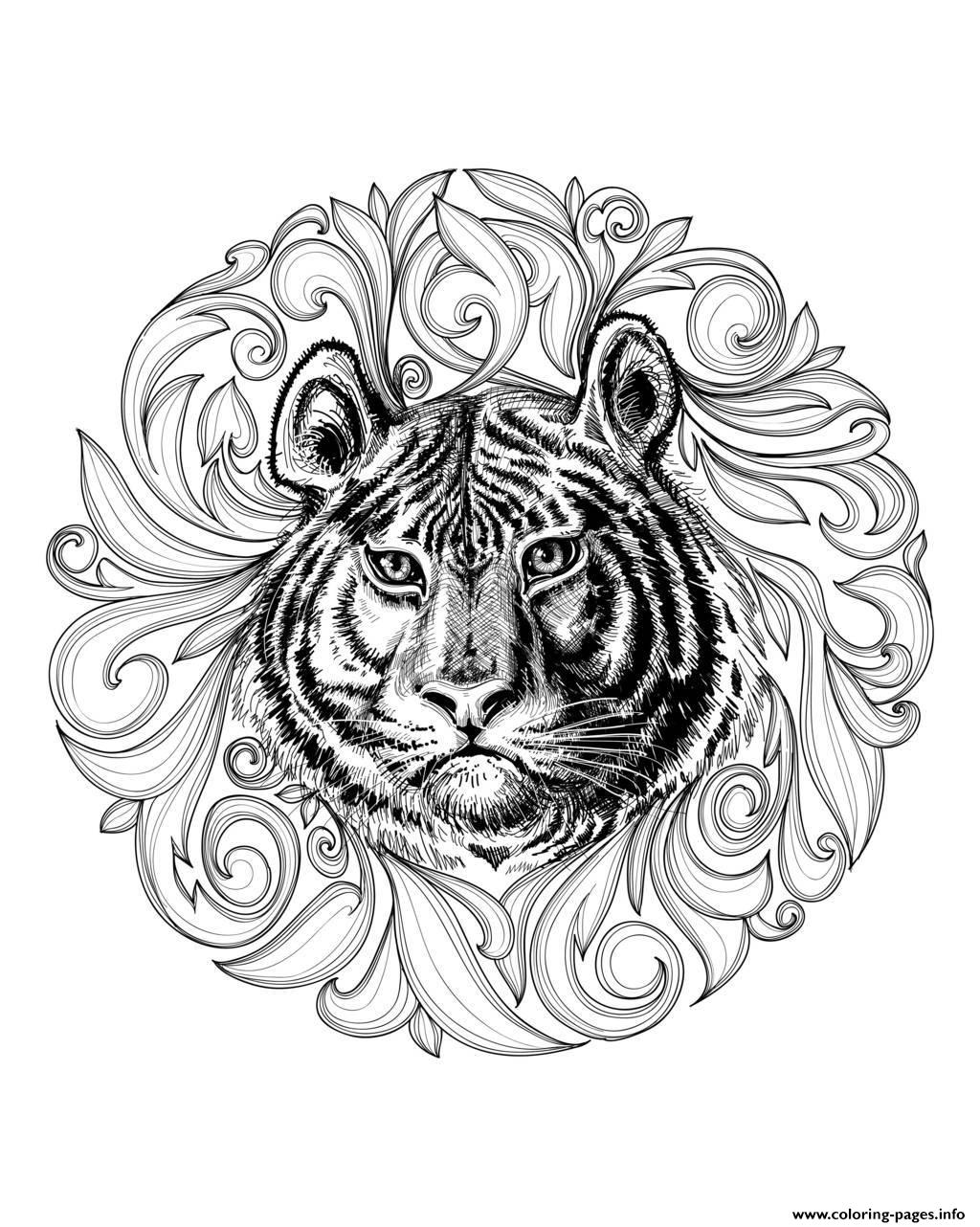 Adult Africa Tiger Leaves Framework Coloring Page Printable