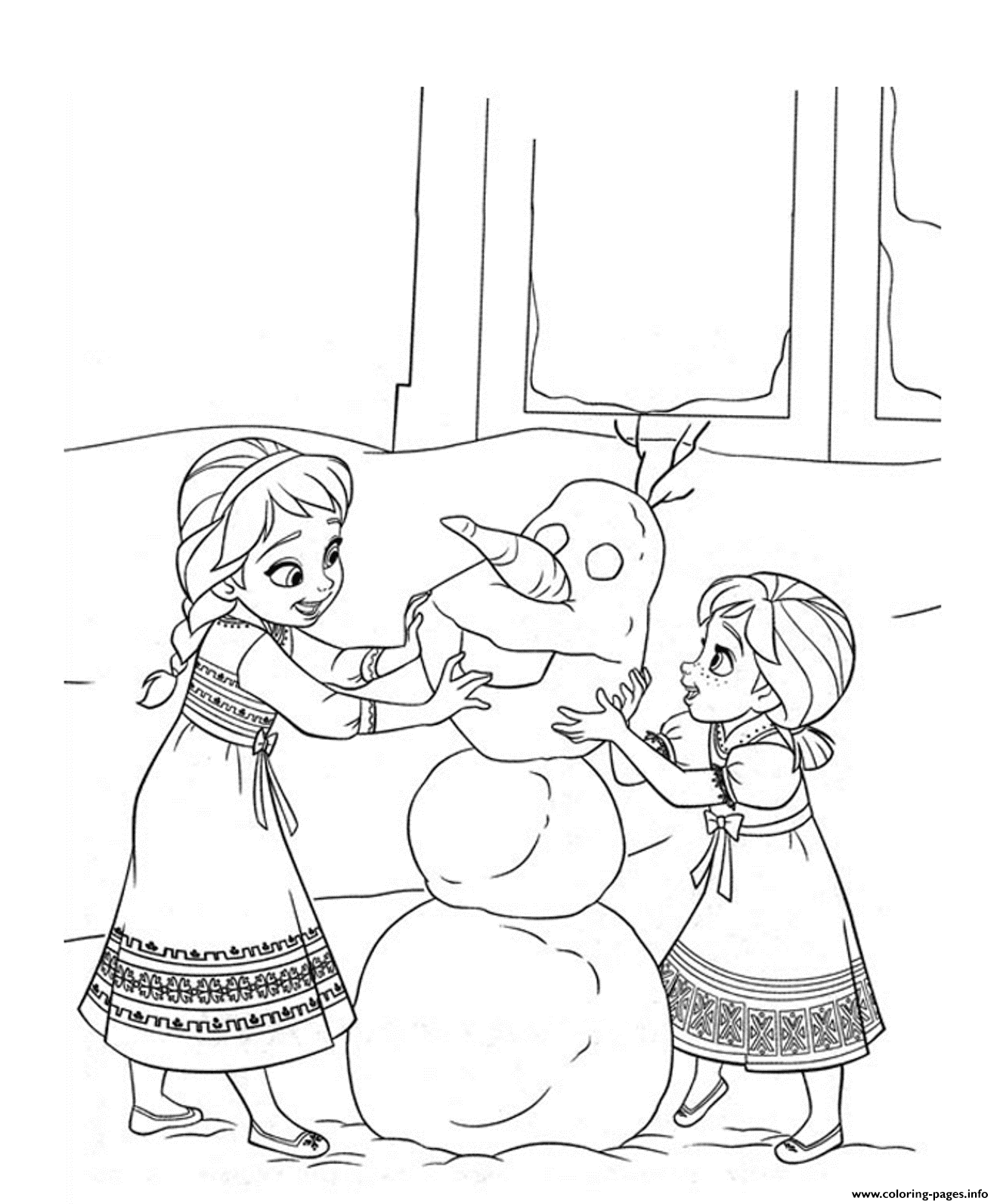 The Sisters Anna And Elsa Make A Snowman coloring