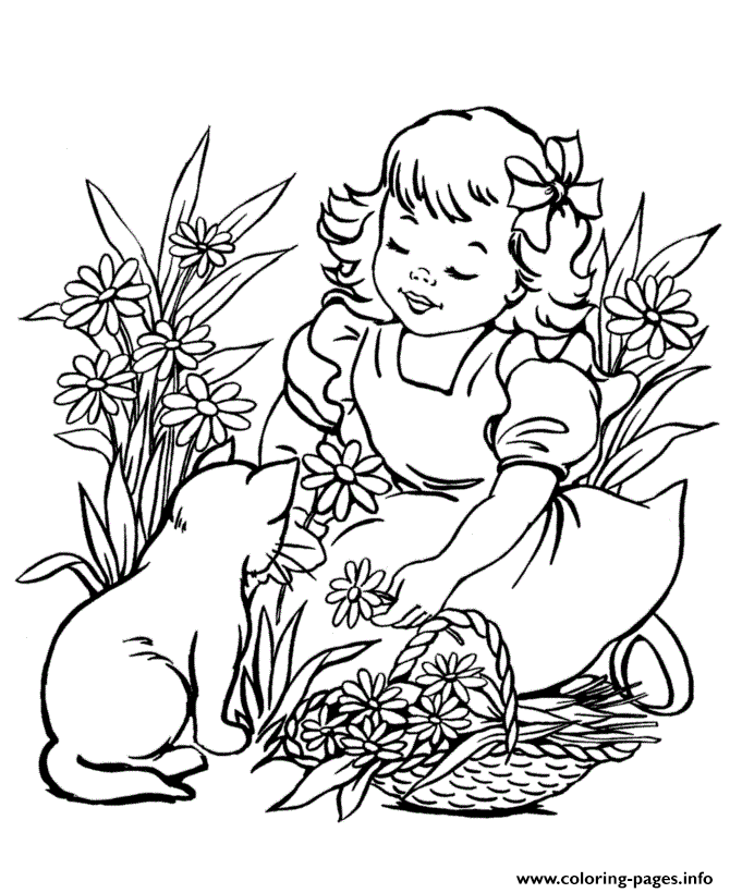 Little Girl With Her Kitty Animal Sb462 Coloring Pages Printable