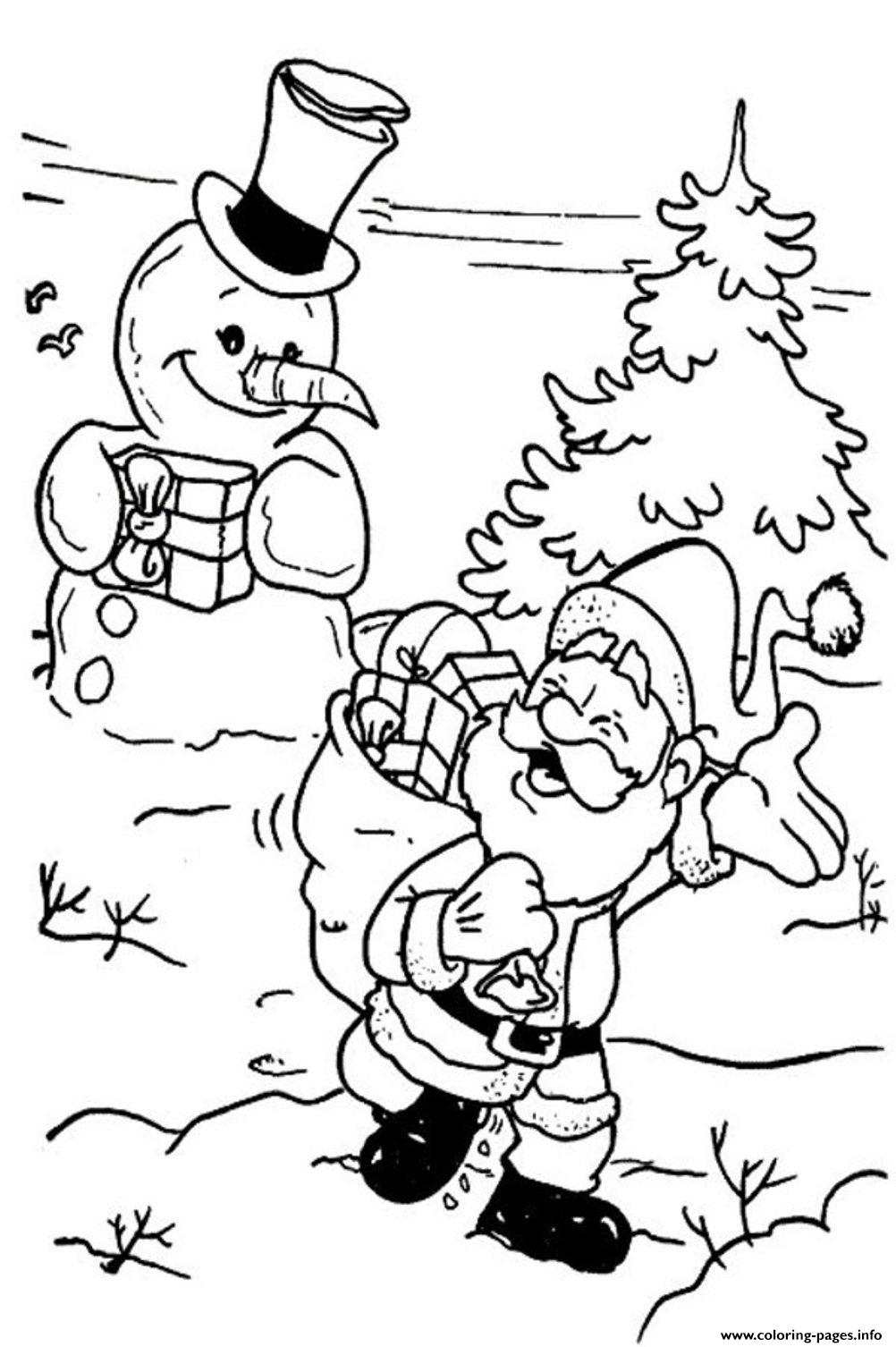 Santa Gives A Gift For Snowman In Christmas S Printable4244 coloring