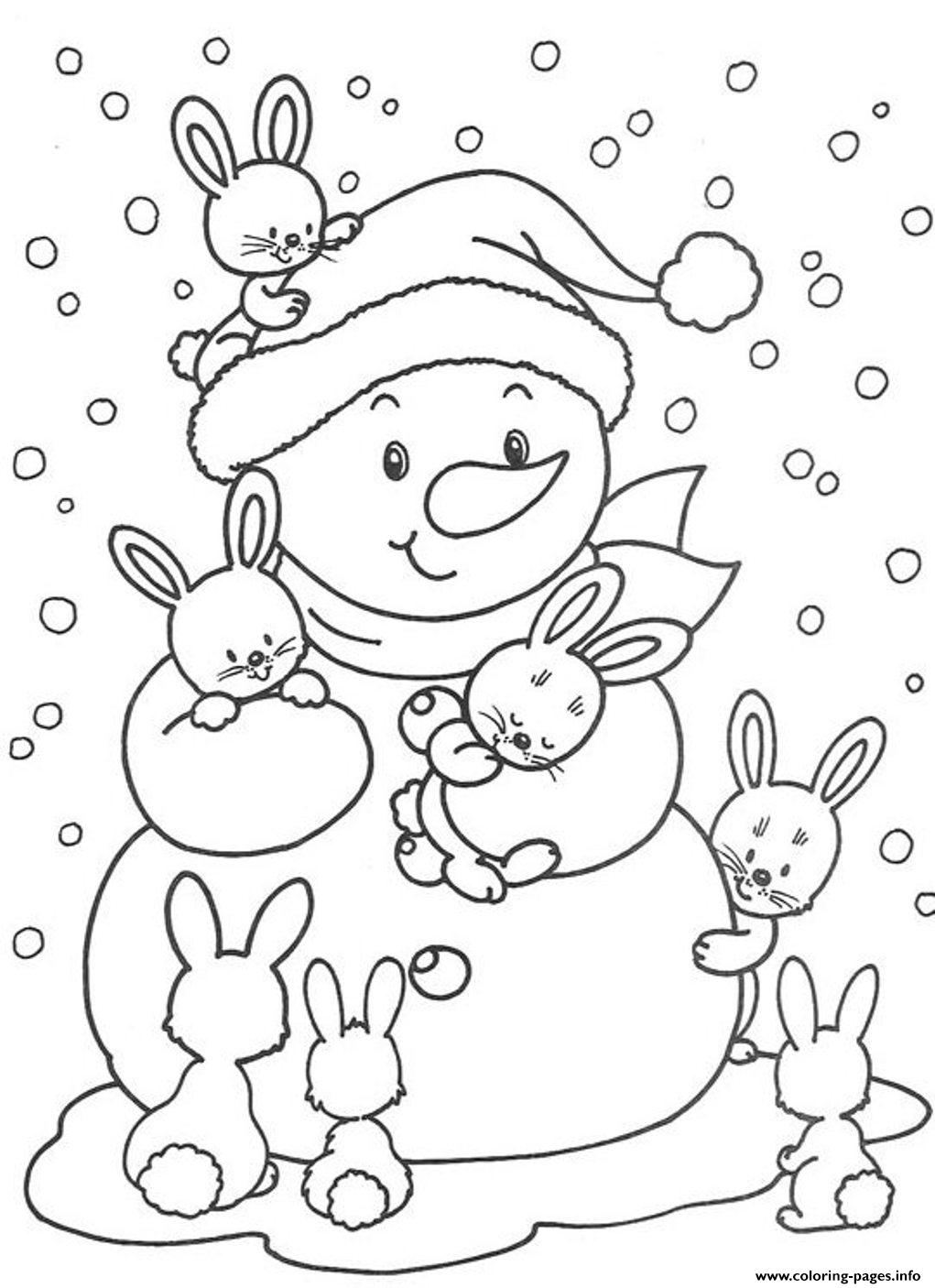 Cute Bunnies And Snowman Free Winter S57ab coloring