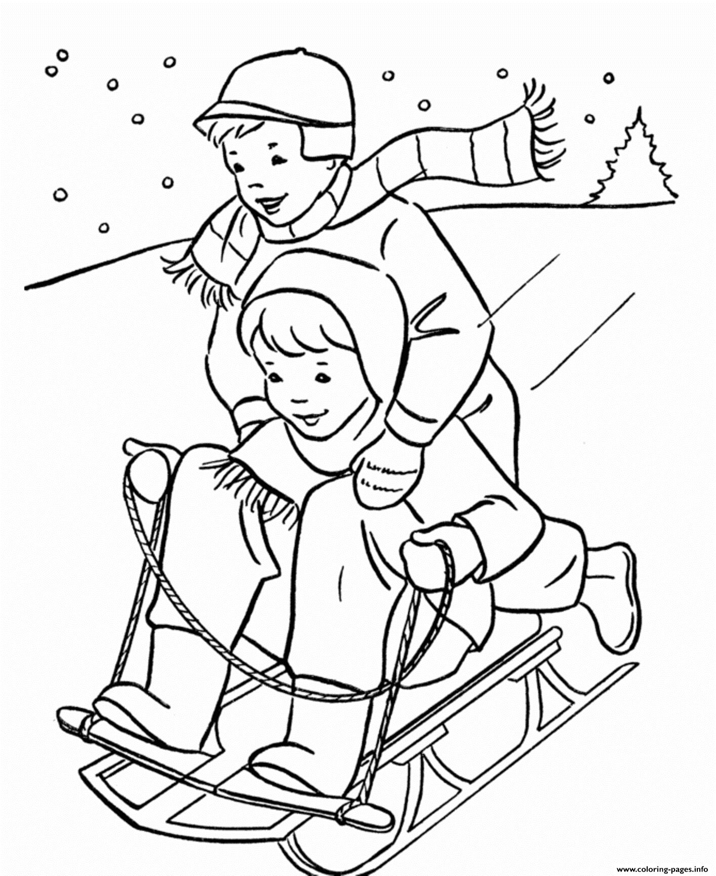 Kids Playing Sled In The Winter S20 Coloring page Printable