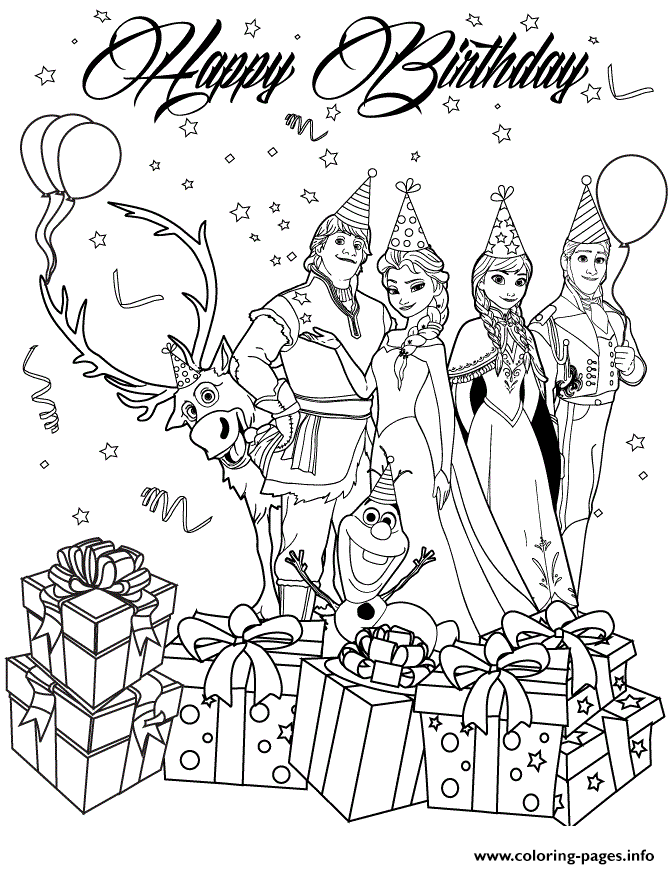 Frozen Characters Happy Birthday Wish Colouring Page coloring