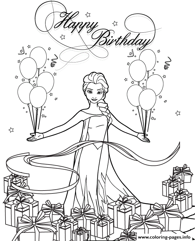 Snow Queen Elsa With Balloons And Gifts Colouring Page coloring