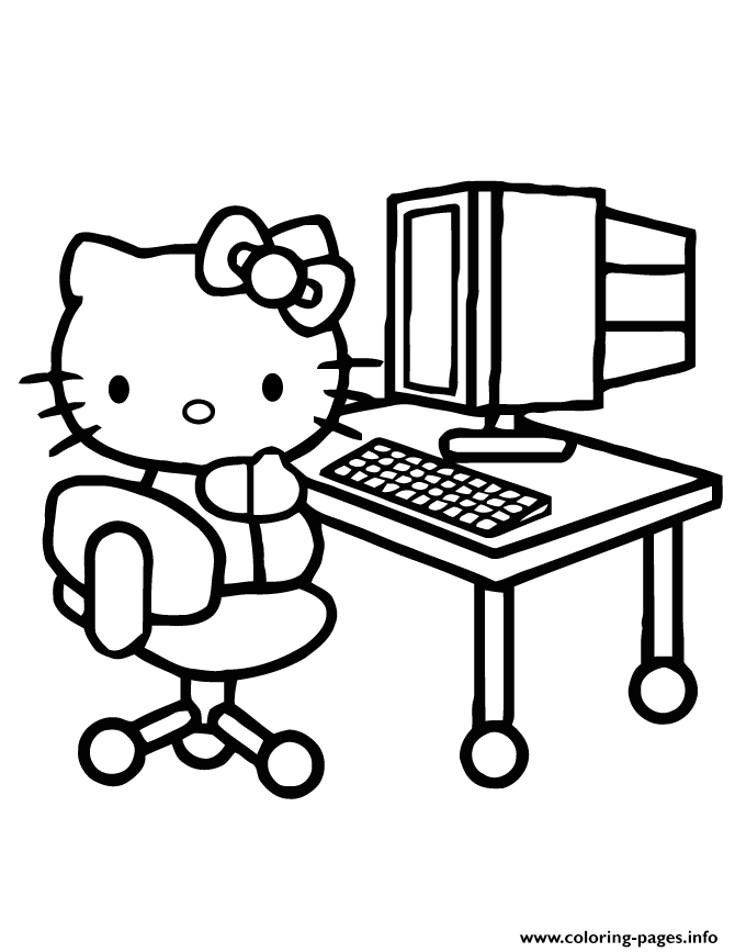 Hello Kitty In Front Of Computer coloring