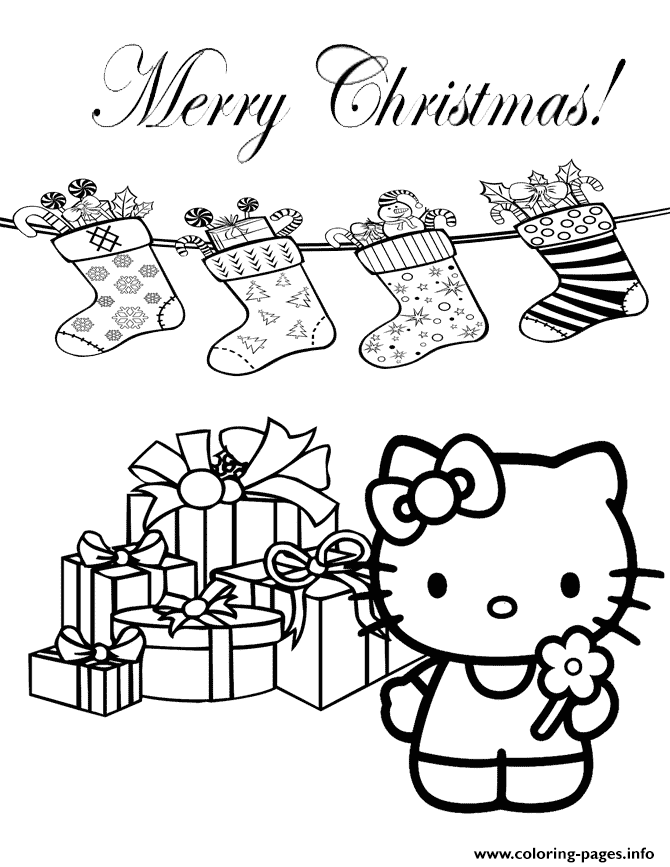 Hello Kitty With Gifts And Christmas Stockings coloring