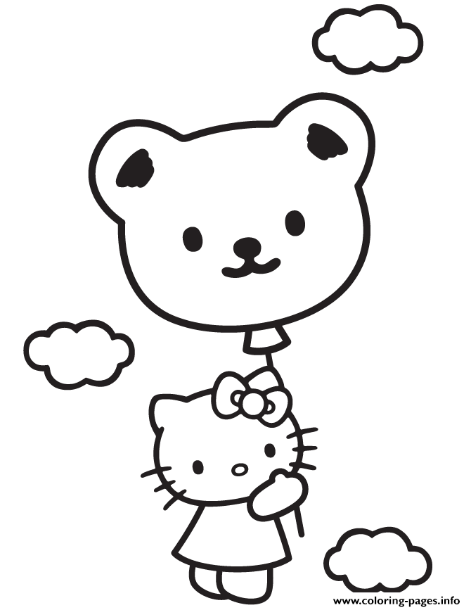 Hello Kitty In Sky With Teddy Bear Balloon coloring