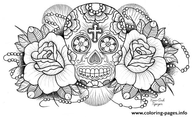 Download Sugar Skull Roses W Cross Coloring Pages Printable