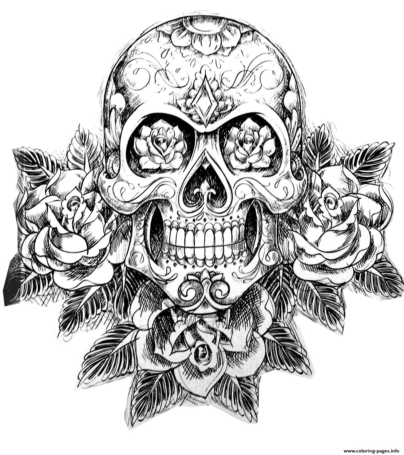 Sugar Skull Tatoo Hard Adult Difficult Coloring Page Printable