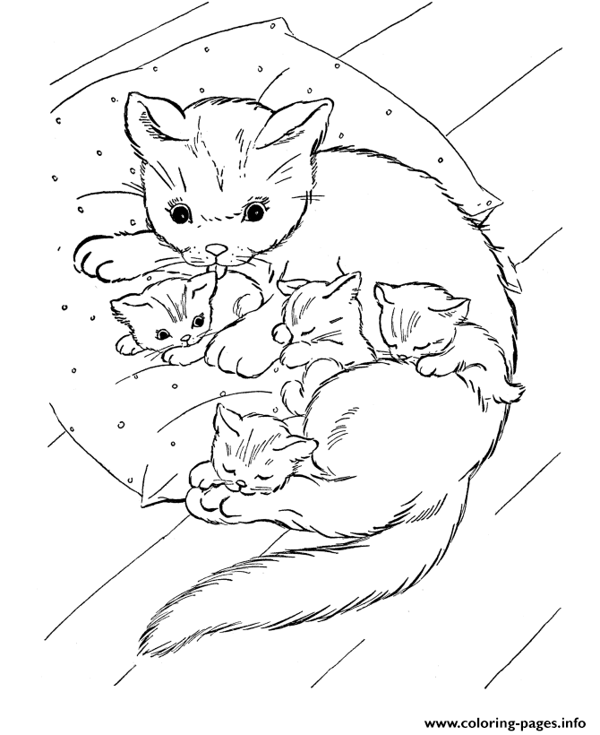 Cat And Her Kids Animal Sfead coloring