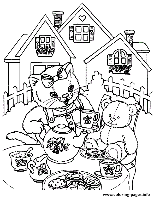 Cat Having Afternoon Tea Fde4 coloring
