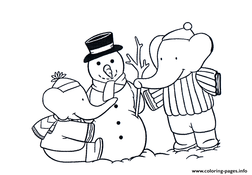 Babar Making Snowman Free Cartoon S0993 coloring