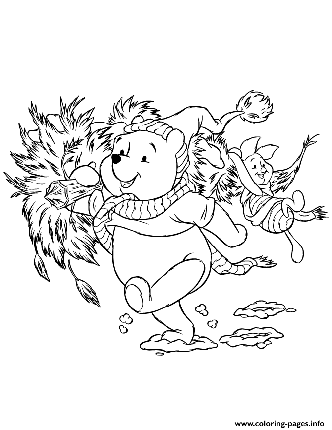 Disney Pooh Bear And Piglet Carrying Holiday Christmas Tree coloring