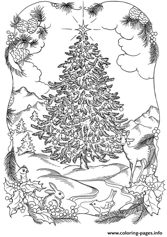Adults Christmas Tree In Nature Coloring page Printable