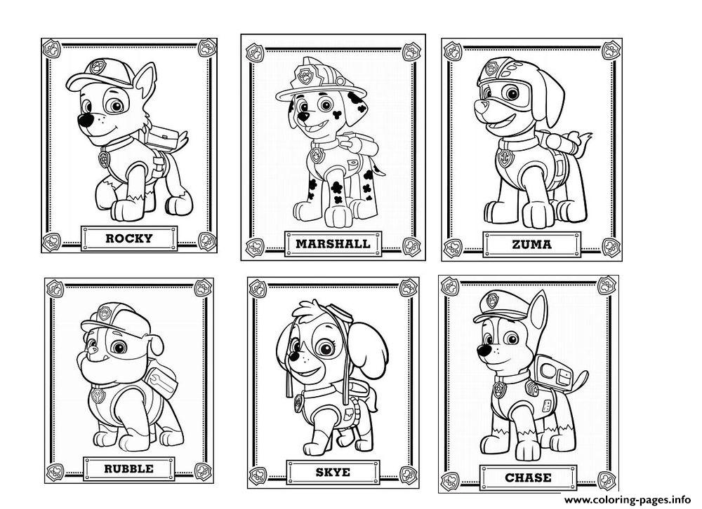 Paw Patrol Dogs Rocky Marshall Zuma Rubble Skye Chase Coloring page