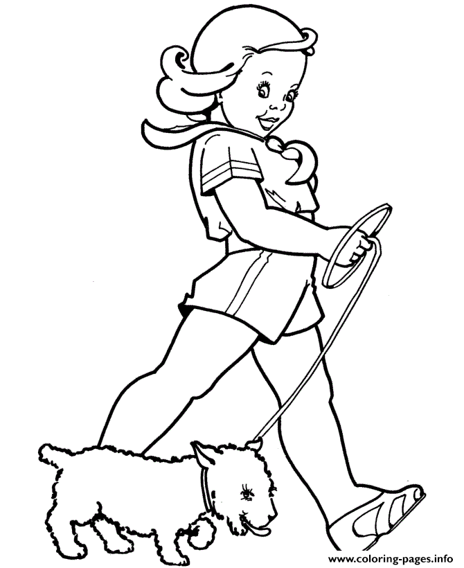 A Girl Walking Her Dog E039 coloring