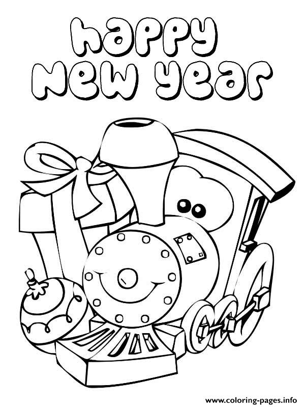 A Cute Little Train Says Happy New Year Coloring Page coloring