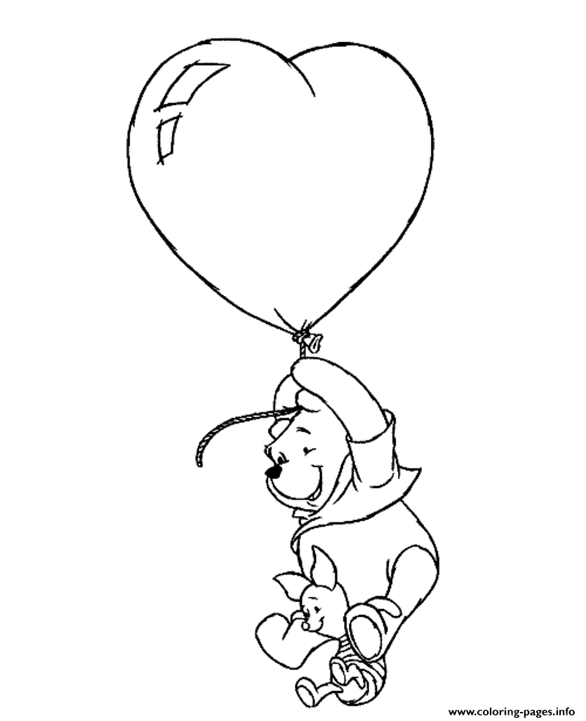 Winnie And Piglet Flying With Heart Balloon Valentine 6522 coloring