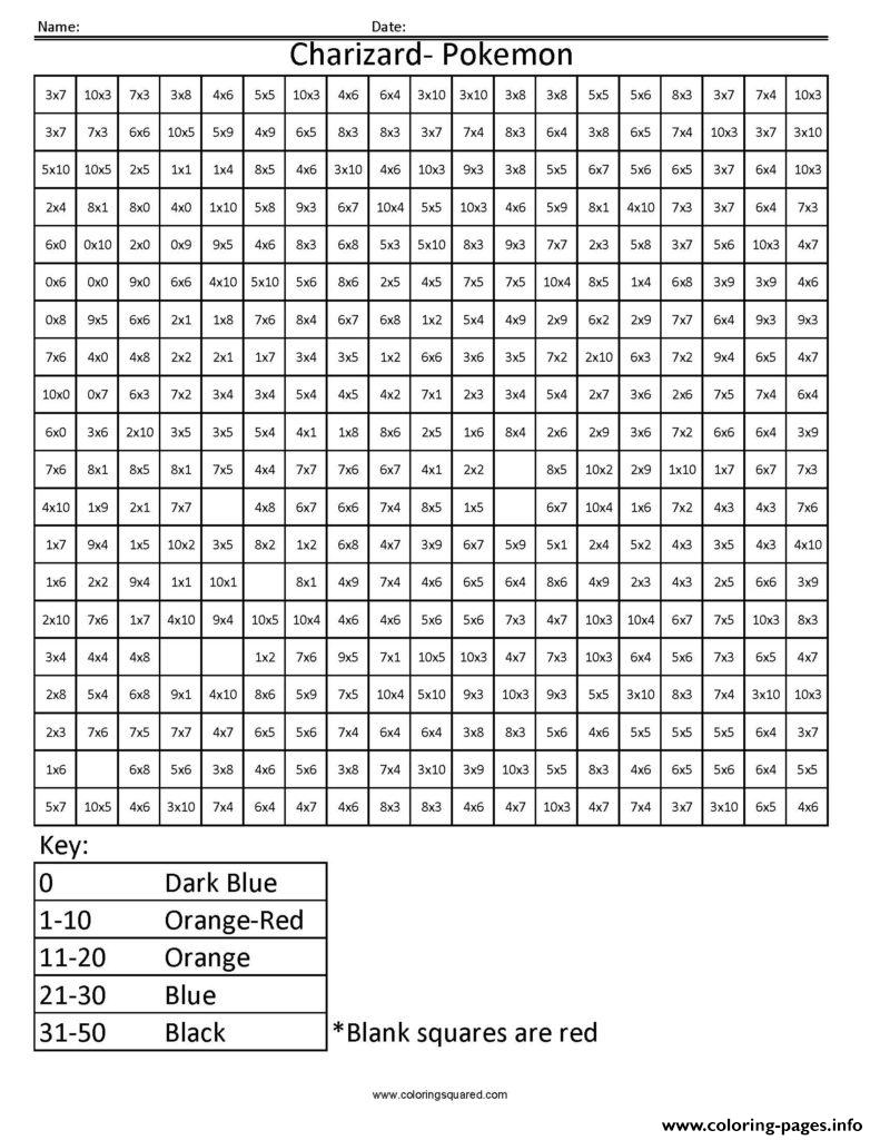 number pixel coloring multiplication squared charizard basic printable worksheets