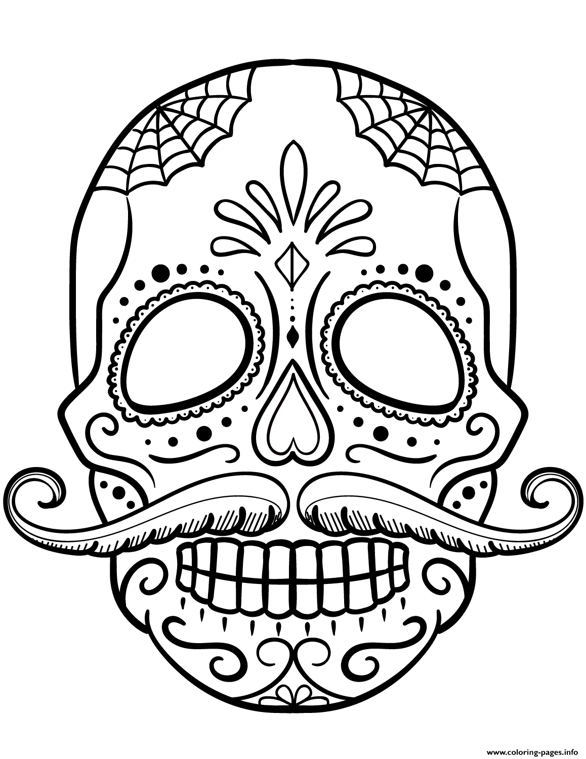 Sugar Skull With Mustache Calavera Coloring page Printable