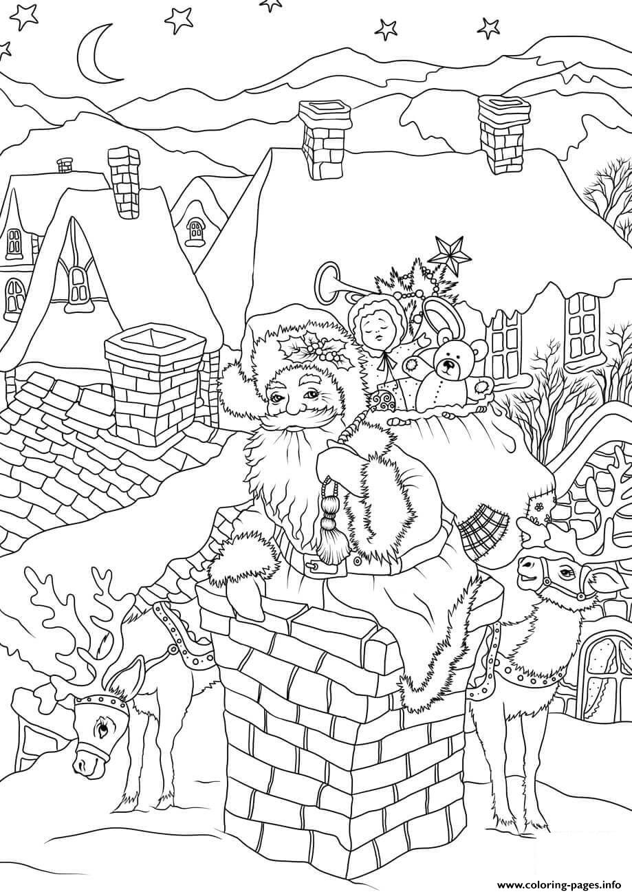 Santa Claus With Presents Is Entering The House Via The Chimney Christmas coloring