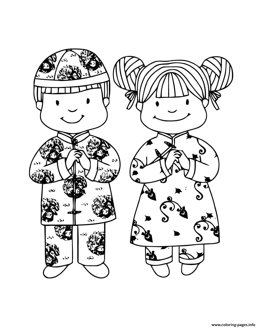 Download Chinese New Year Girl Boy Traditional Coloring Pages Printable