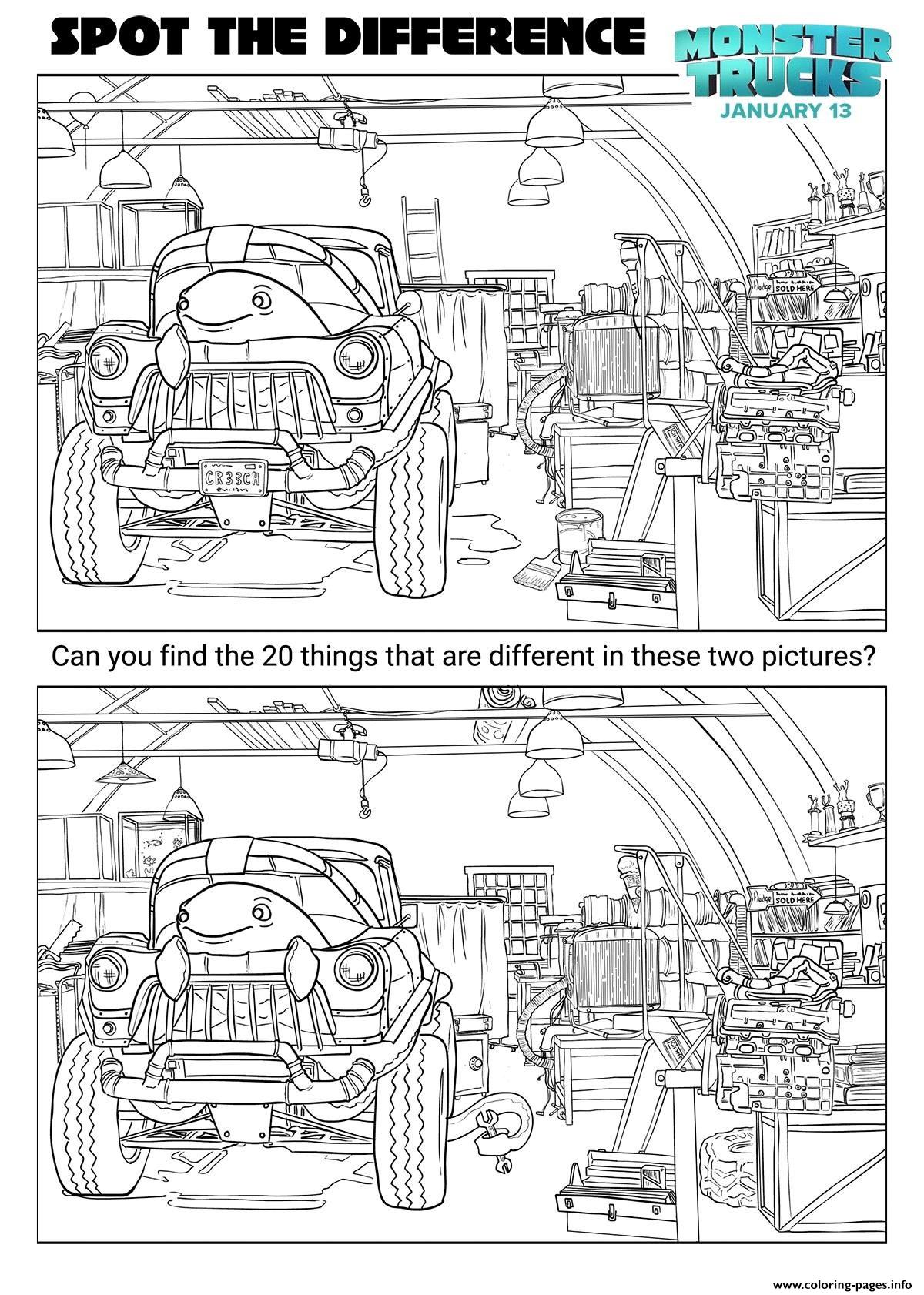 Monster Trucks Activity Sheets Spot The Difference Coloring Pages Printable