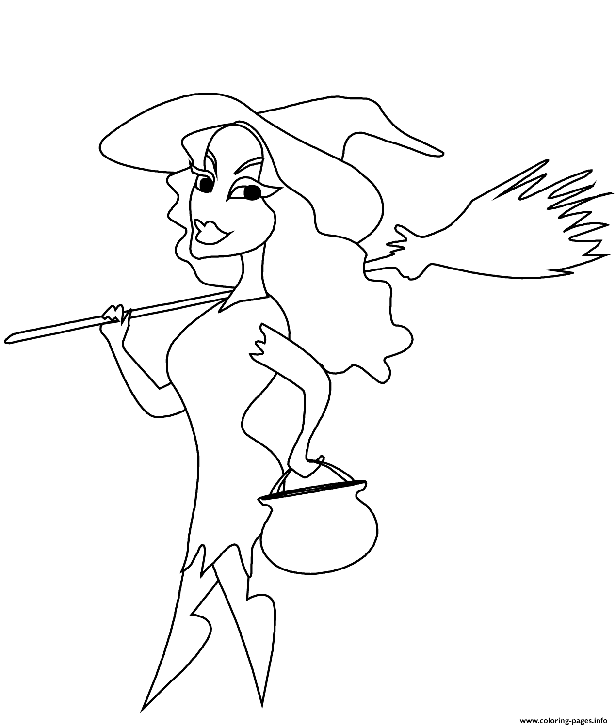 Witch With Broomstick And Cauldron Halloween coloring