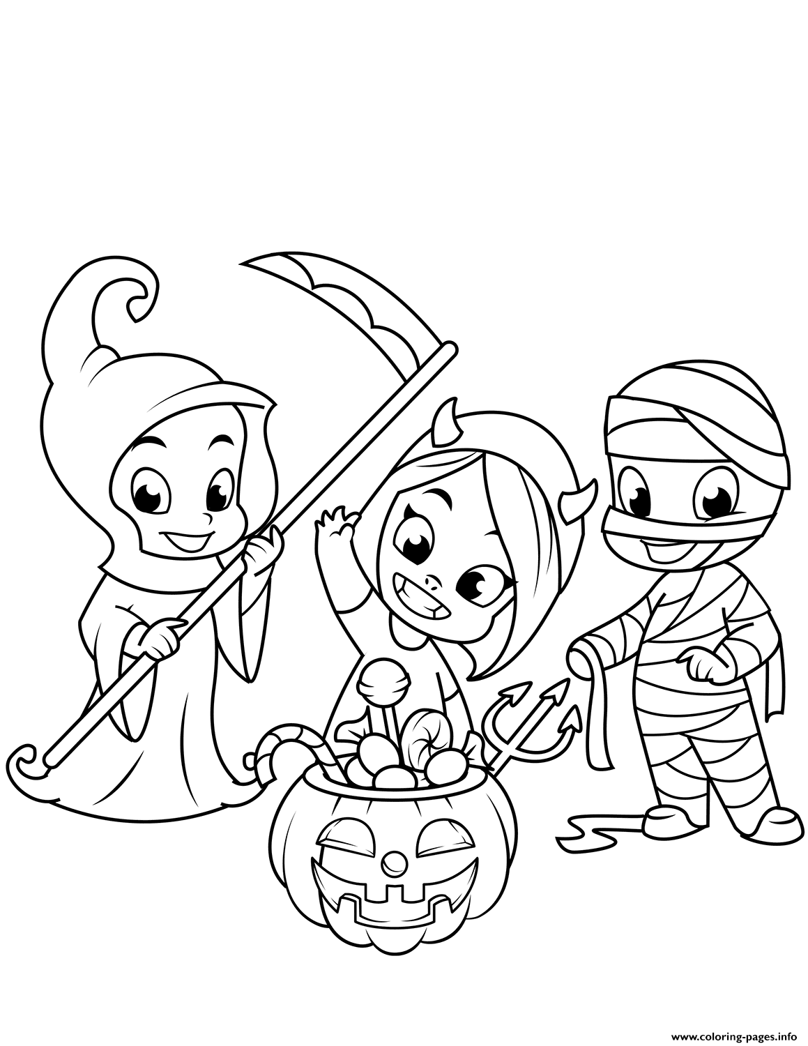 Cute Little Grim Reaper Devil Mummy And A Jack O Lantern With Candies Halloween coloring