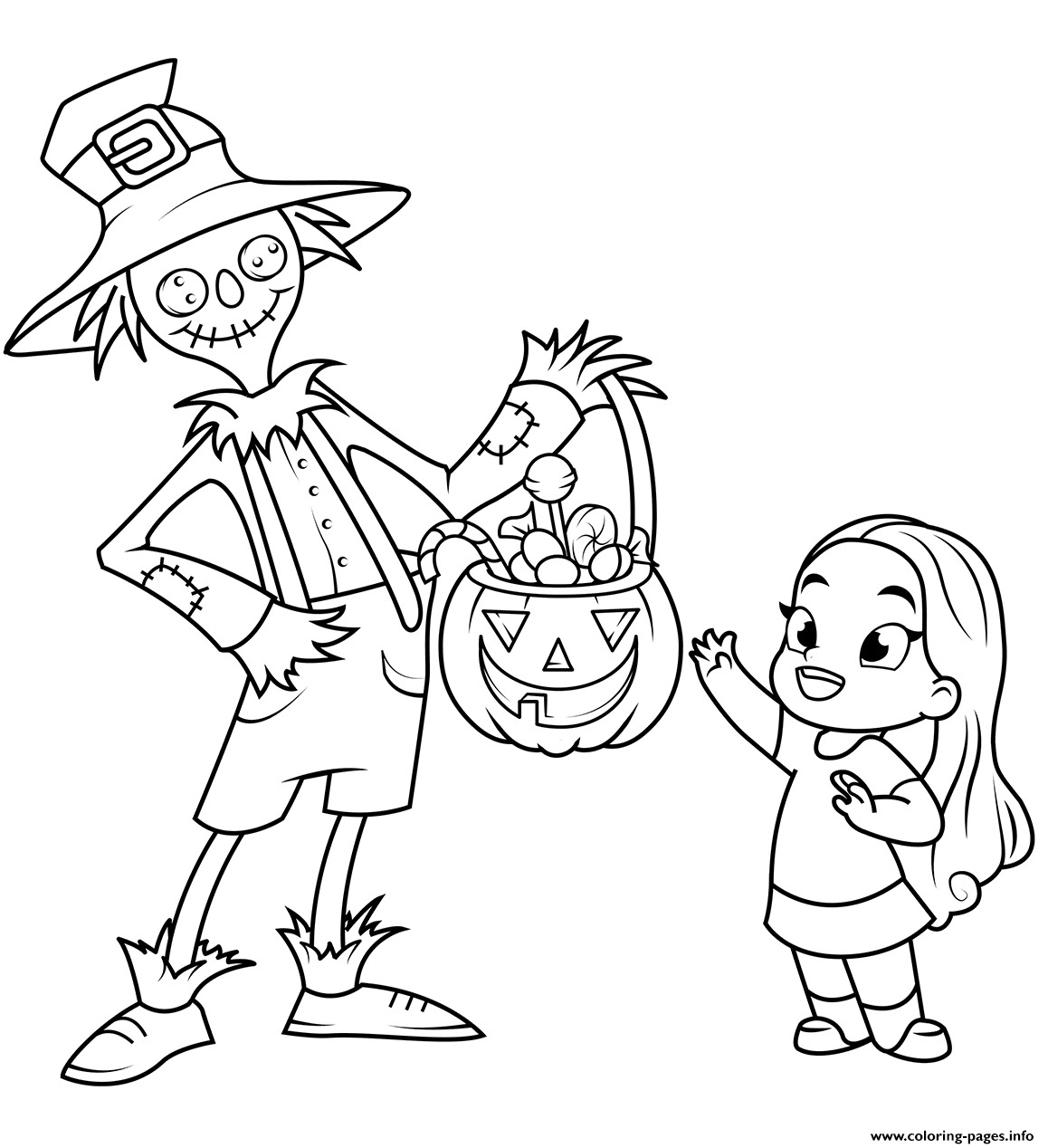 Scarecrow Treats A Little Girl With Sweets Halloween Coloring Pages