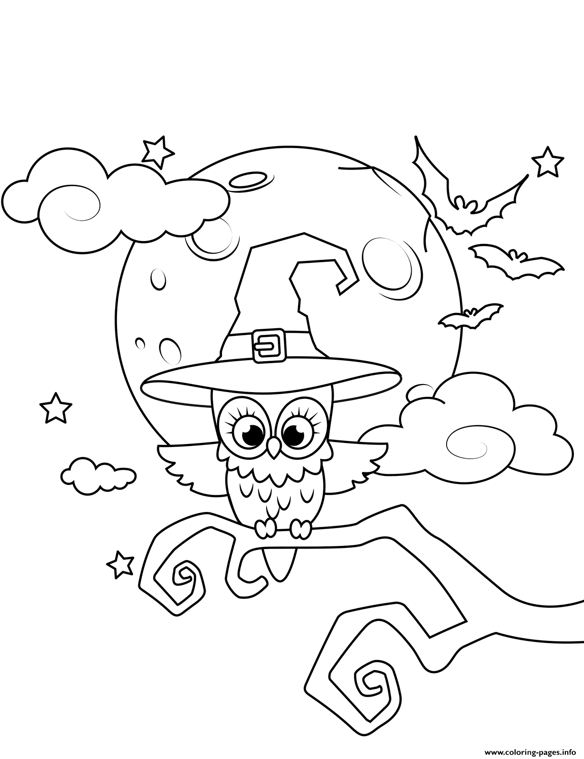 Owl In A Witch Hat Halloween Coloring Pages Printable