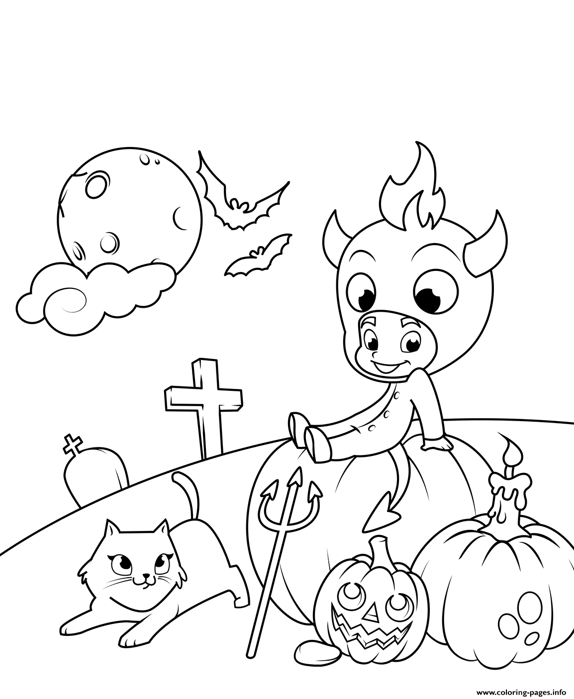 Cute Little Devil With A Cat And Pumpkins Halloween coloring