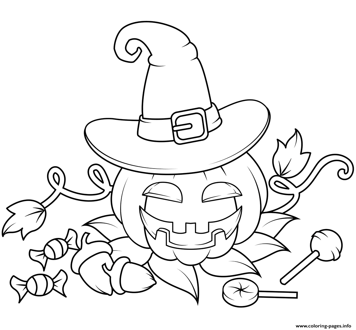 Jack O Lantern In A Witch Hat With Candies Halloween Coloring page