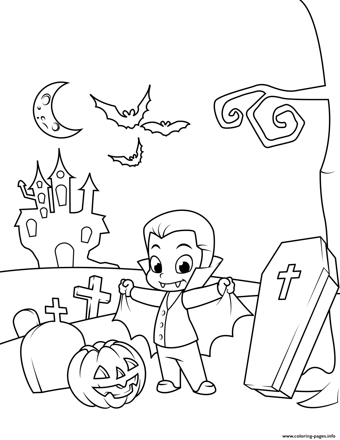 Cute Count Dracula In The Cemetery Halloween Coloring page Printable