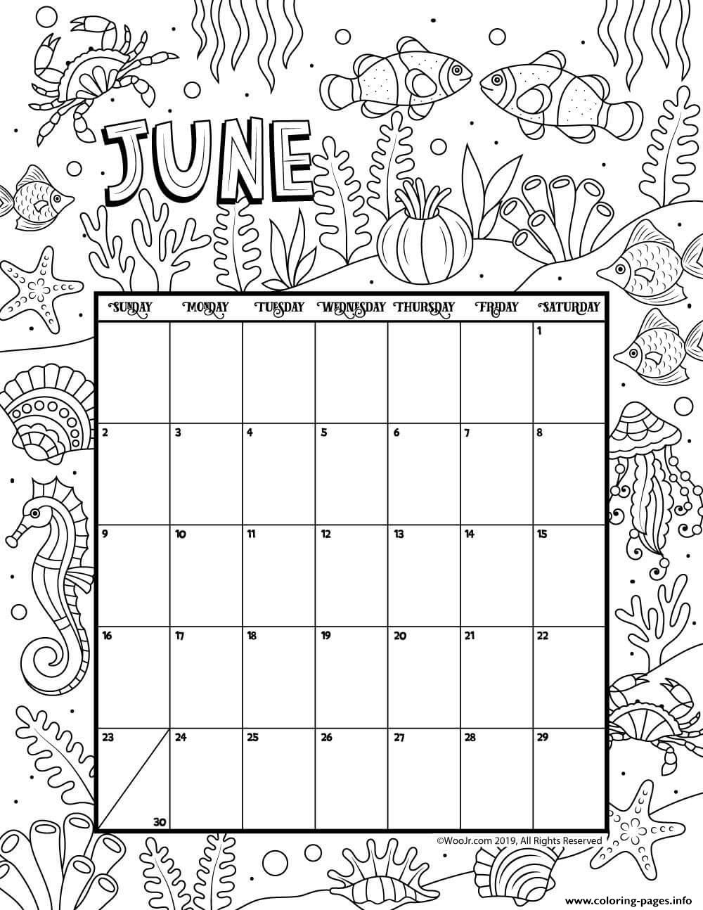 June Calendar Month Coloring Pages Printable