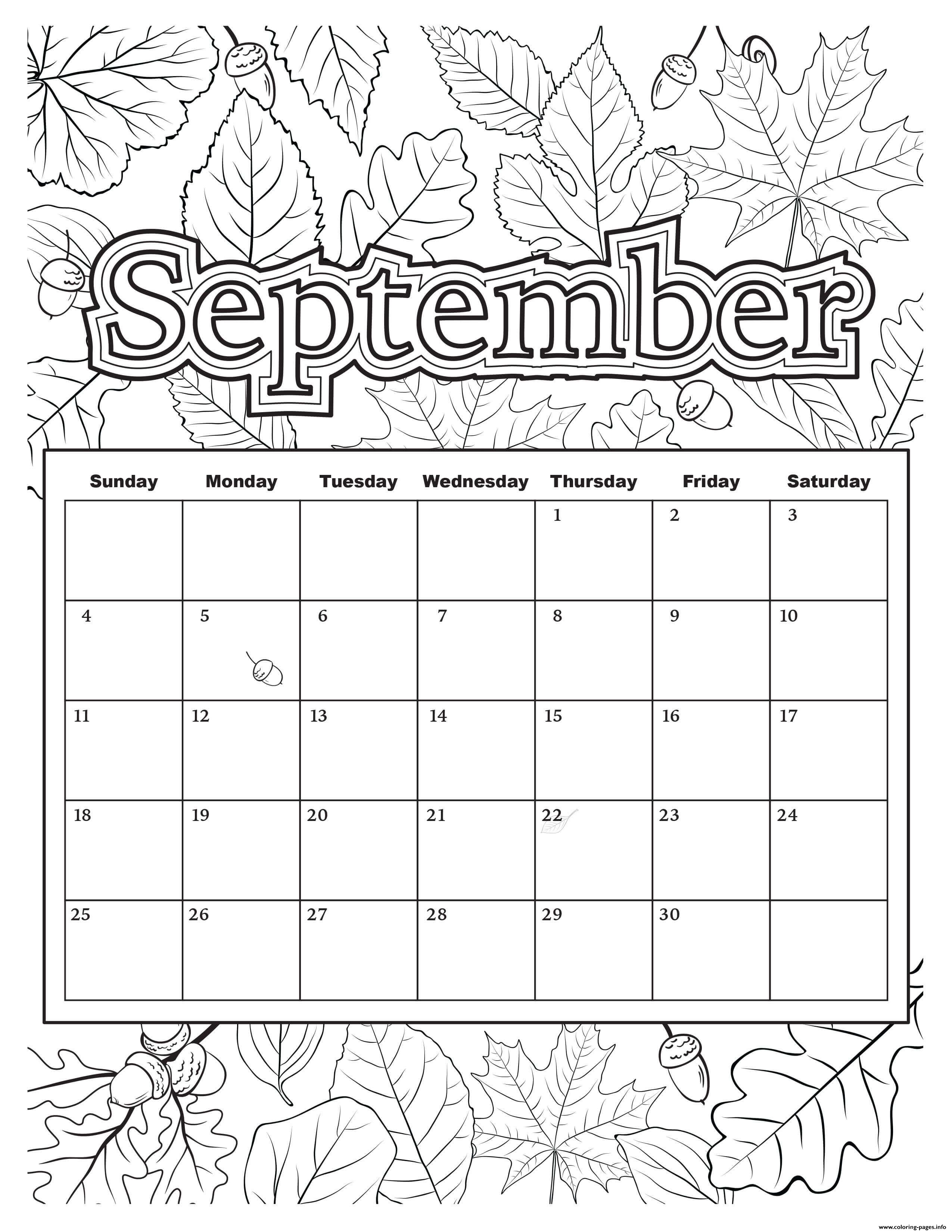 September Coloring Calendar Coloring Pages Printable