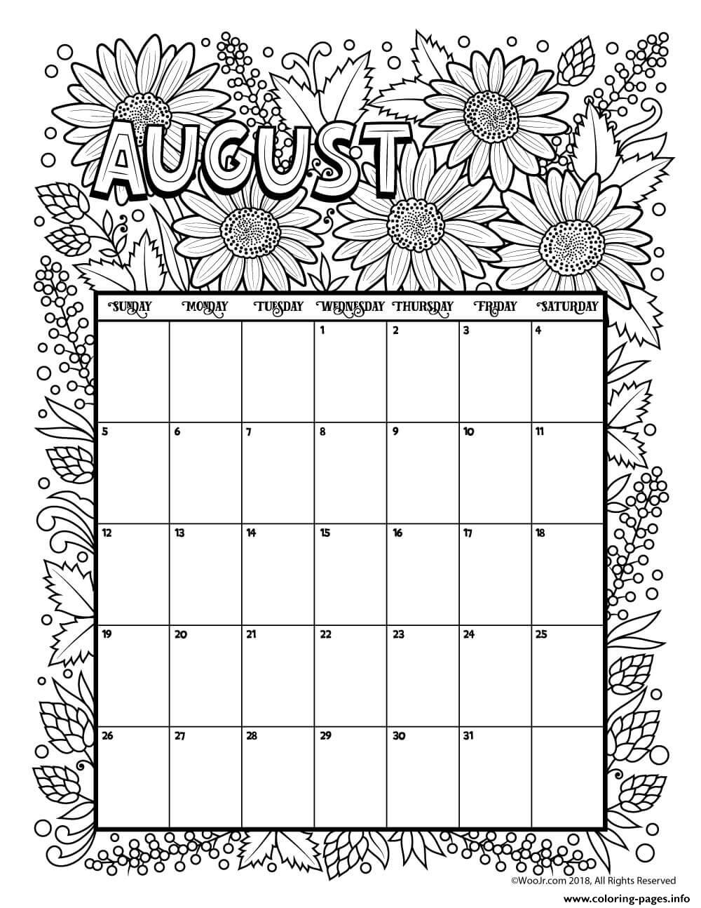 August Calendar Coloring page Printable