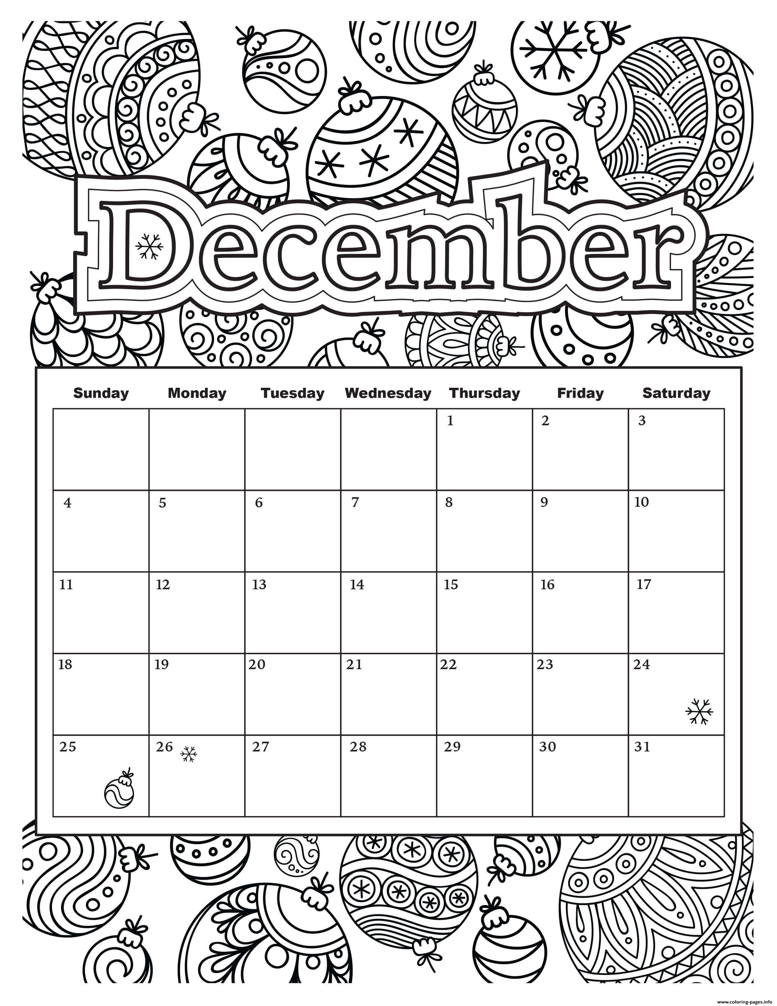 December Calendar Holiday Coloring page Printable