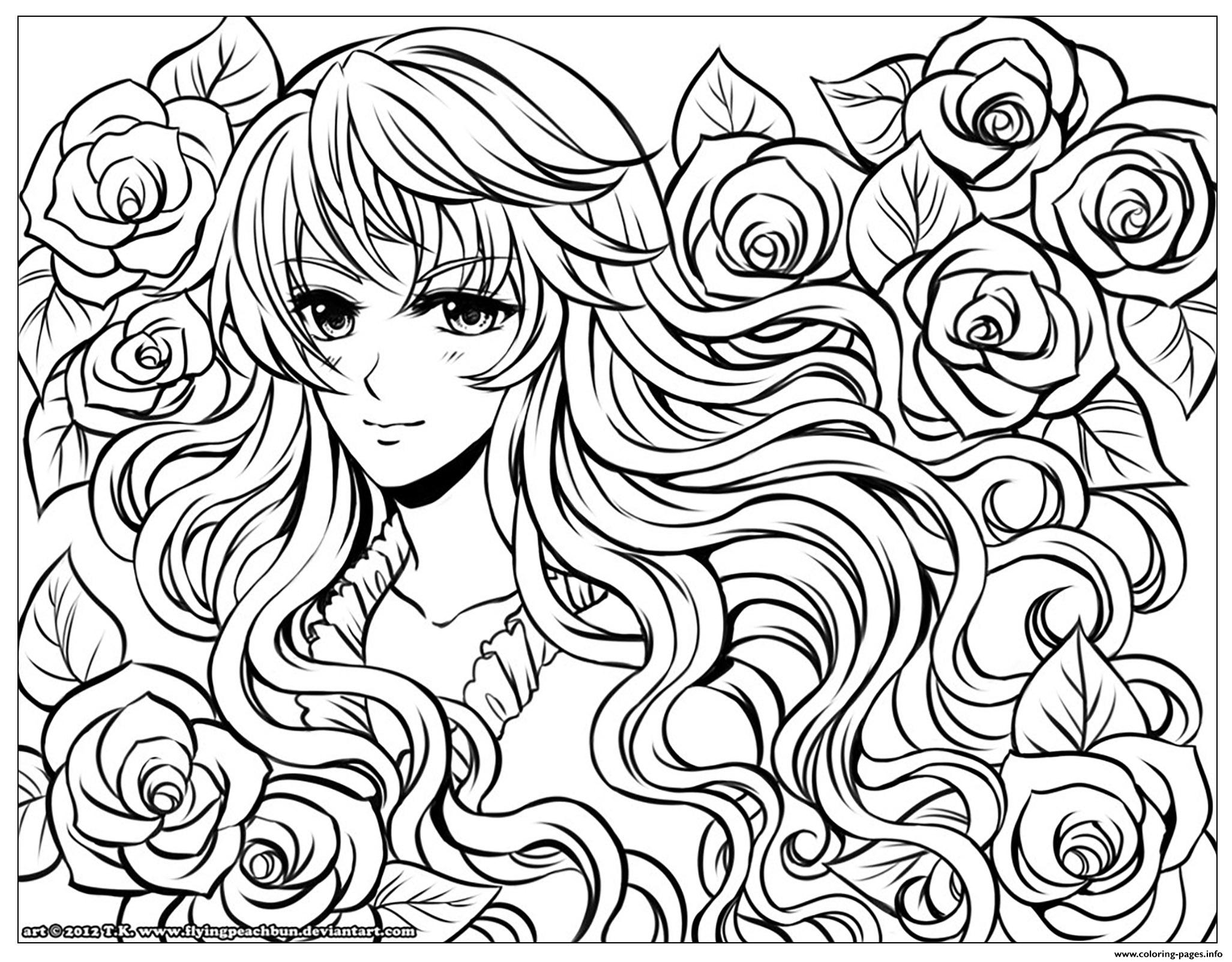 Manga Girl With Flowers By Flyingpeachbun coloring