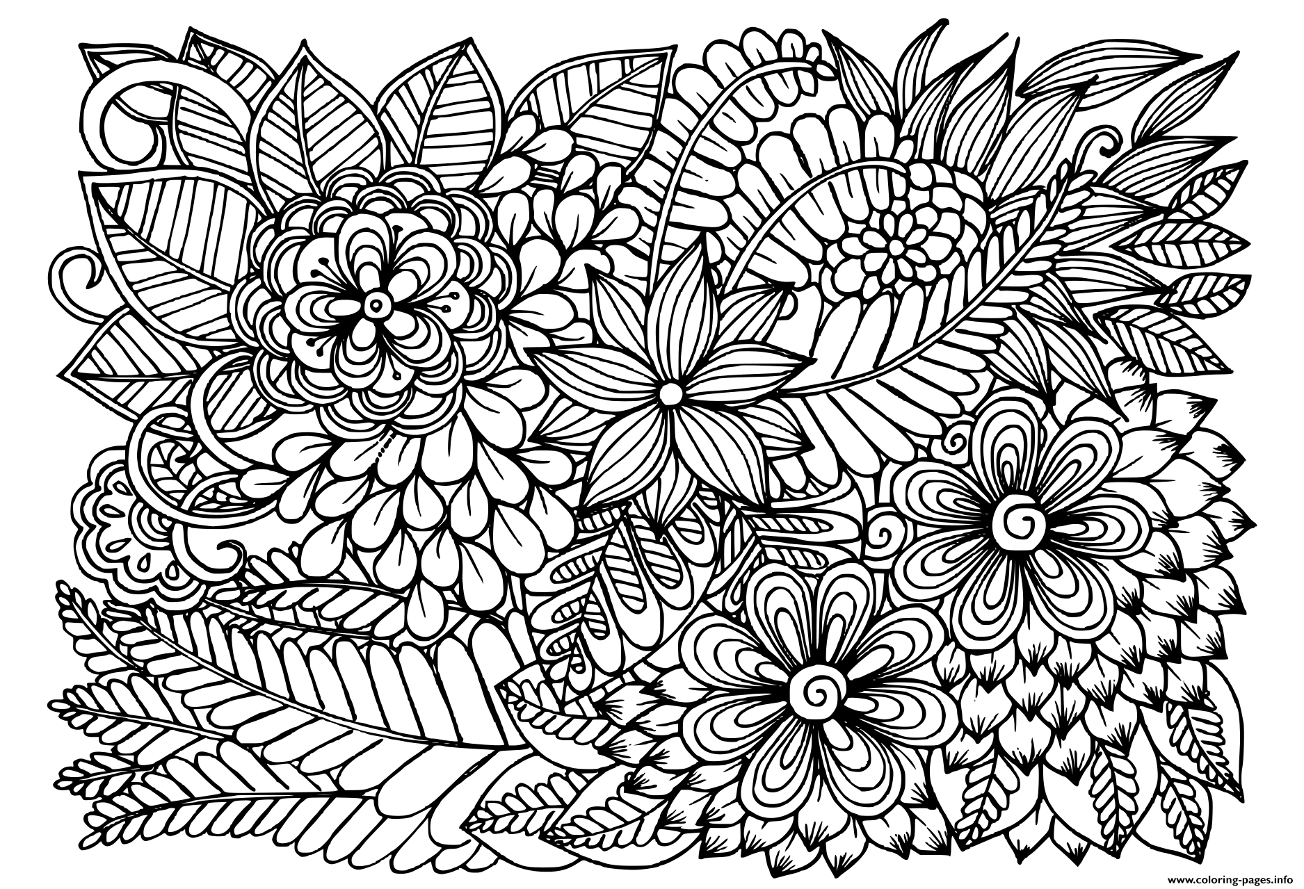 Doodle Flowers In Black And White Floral Pattern Coloring Page Printable