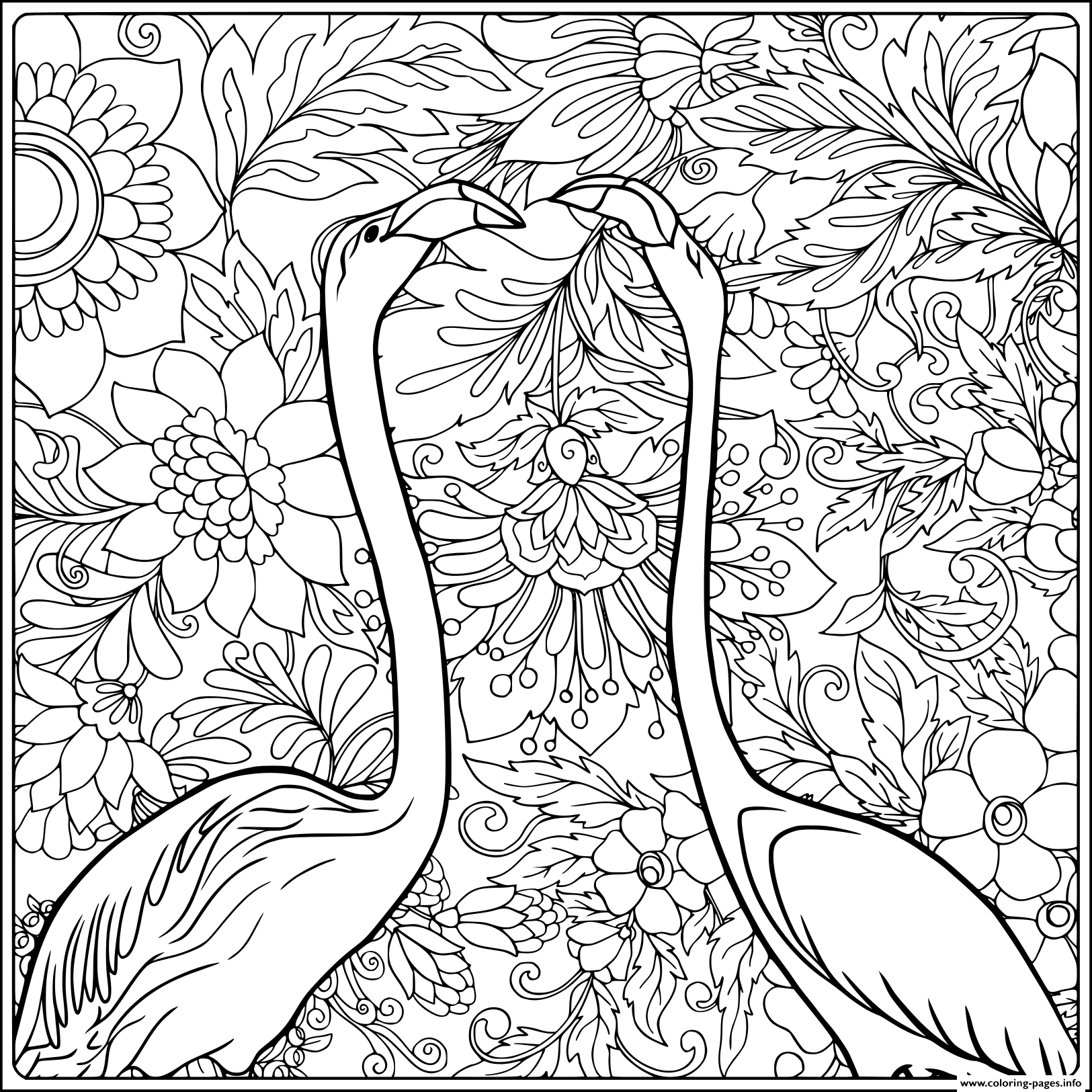 Flamingo In Fantasy Flower Garden Outline Hand Drawing Good coloring