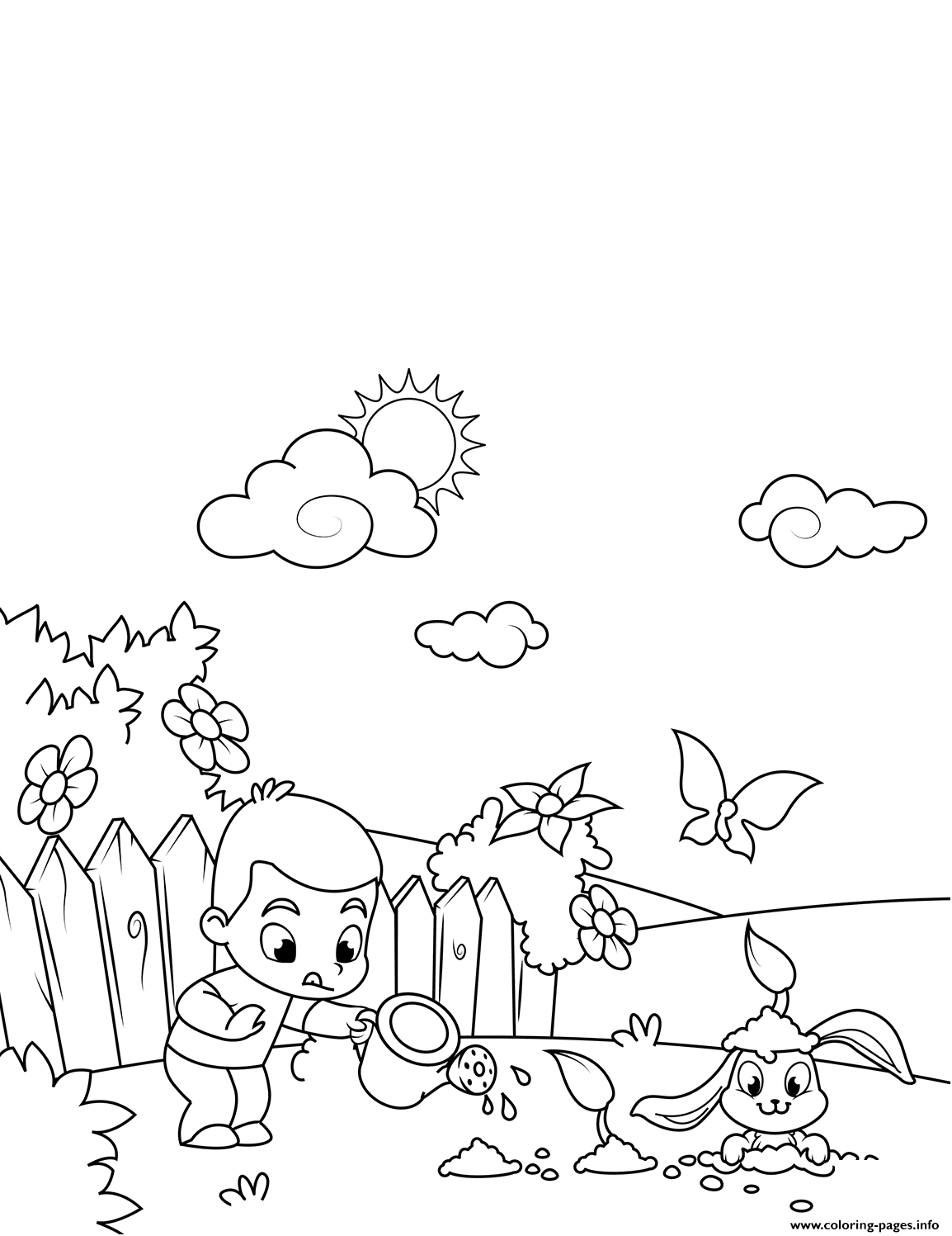 Boy Watering Flowers And Cute Rabbit Digging Through Them coloring