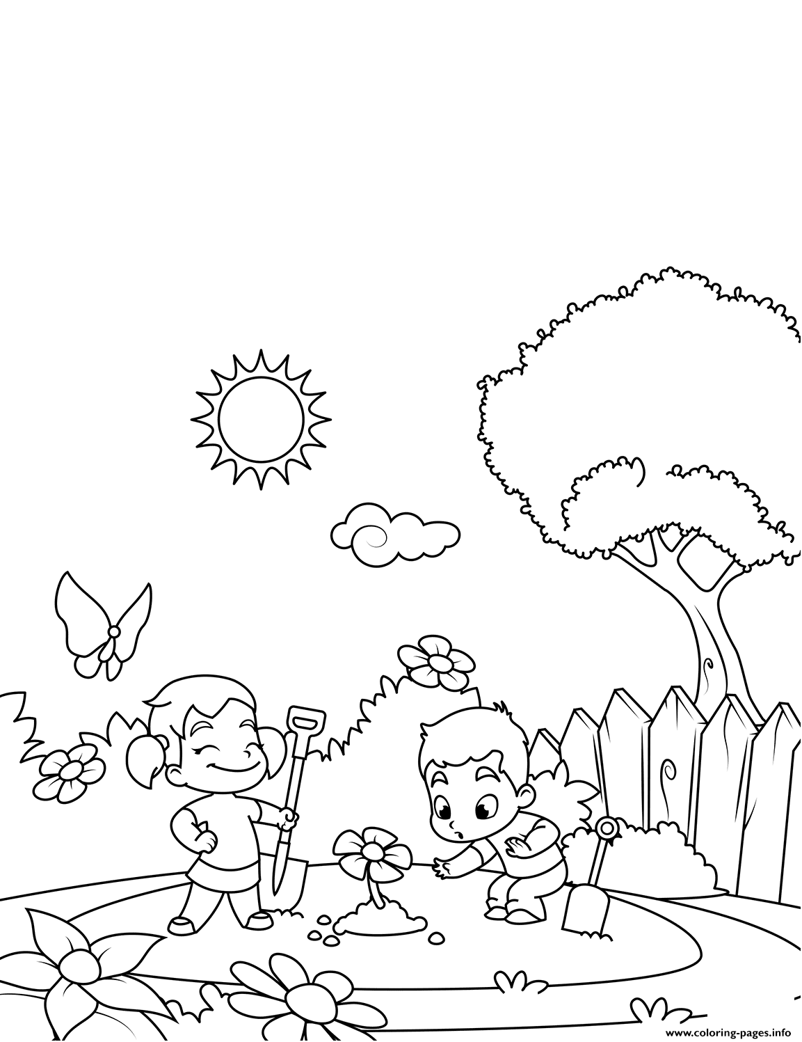 Boy And Girl Plant Flowers coloring