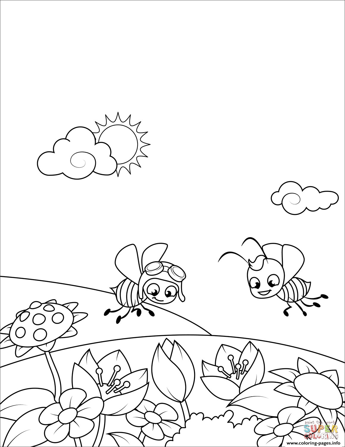 Two Bees Fly Over A Flowering Meadow coloring