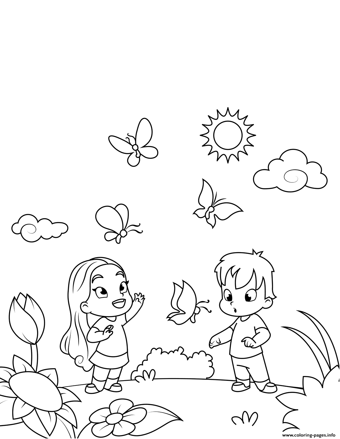Boy And Girl Admiring Butterflies coloring